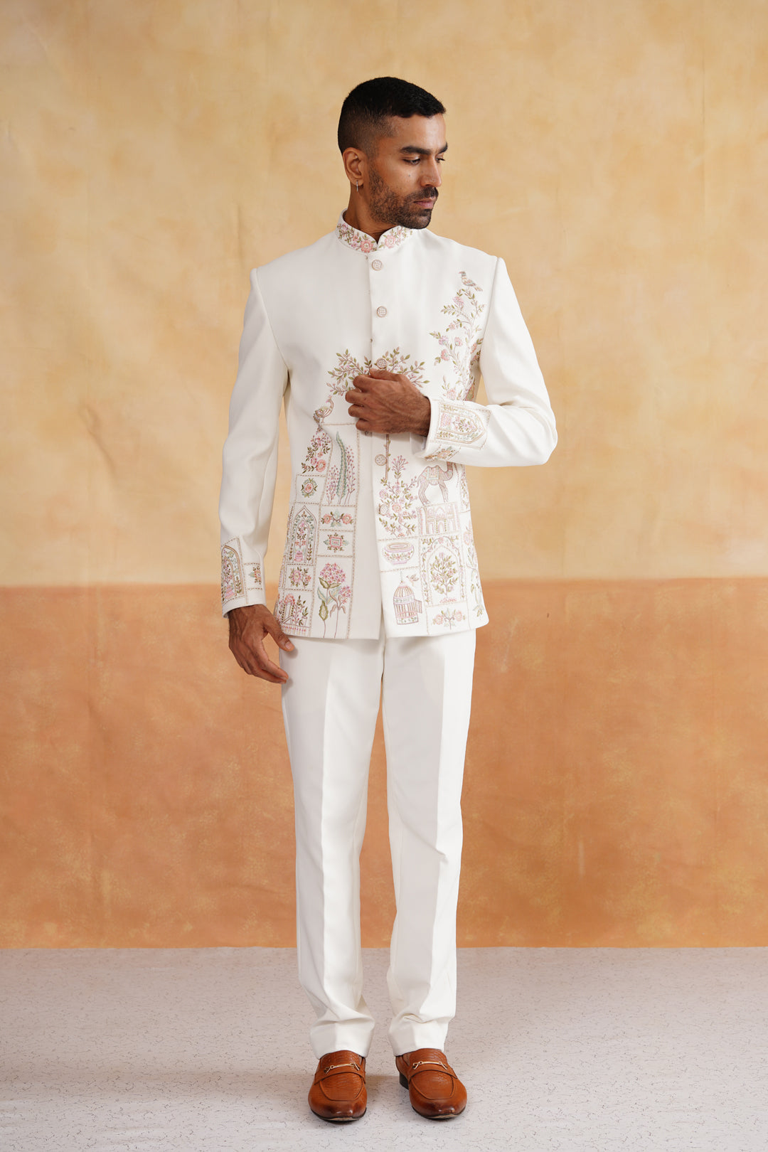 Ivory Thread And Pearl Work Bandhgala on Italian Fabric