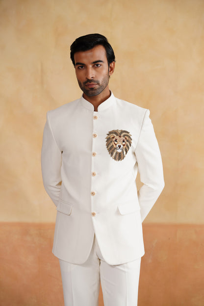 Ivory Bandhgala With Lion Motif on Suiting Fabric