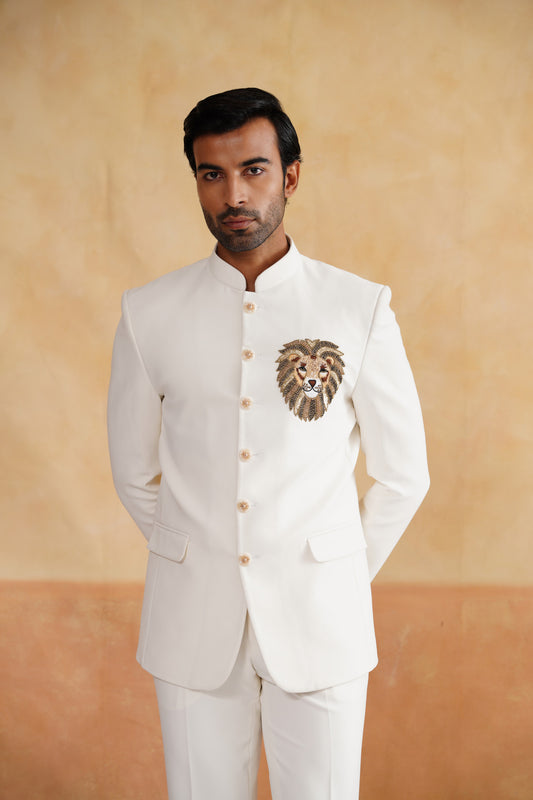Ivory Bandhgala With Lion Motif on Suiting Fabric