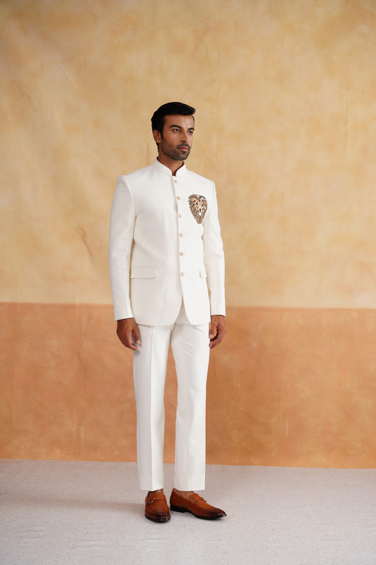 Ivory Bandhgala With Lion Motif on Suiting Fabric