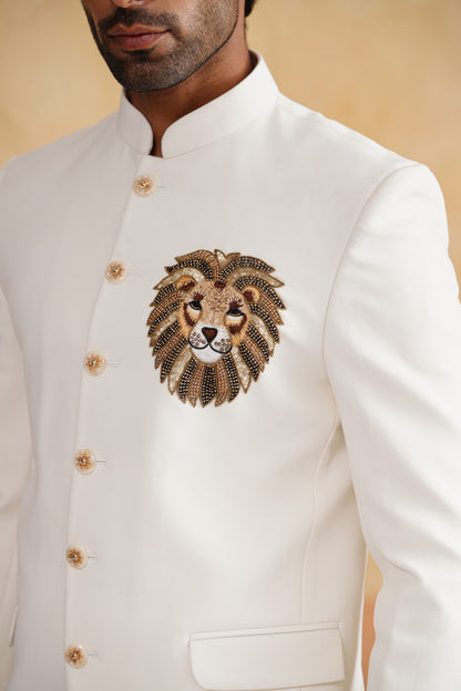 Ivory Bandhgala With Lion Motif on Suiting Fabric