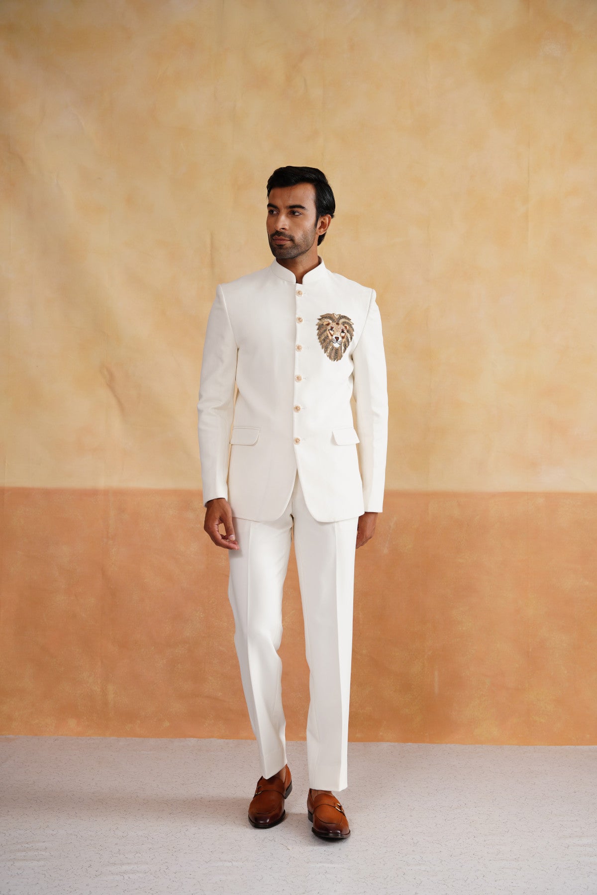 Ivory Bandhgala With Lion Motif on Suiting Fabric