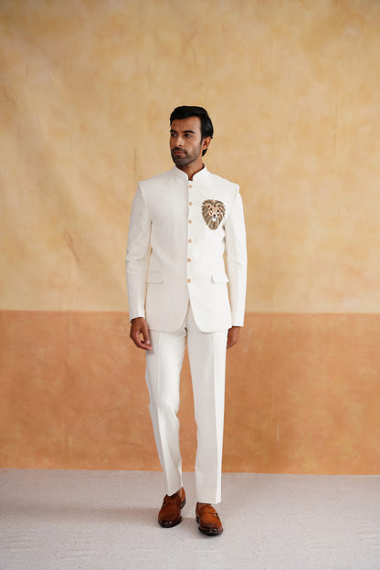 Ivory Bandhgala With Lion Motif on Suiting Fabric