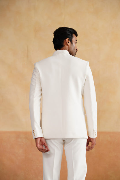 Ivory Bandhgala With Lion Motif on Suiting Fabric