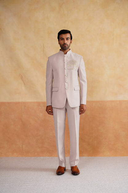 Cream Hand Embroidered Bandhgala on Suiting Fabric