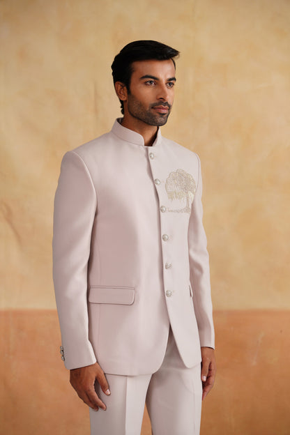 Cream Hand Embroidered Bandhgala on Suiting Fabric
