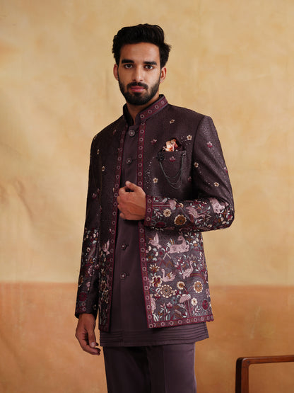 Brown Thread and Sequins Work Indowestern on Silk