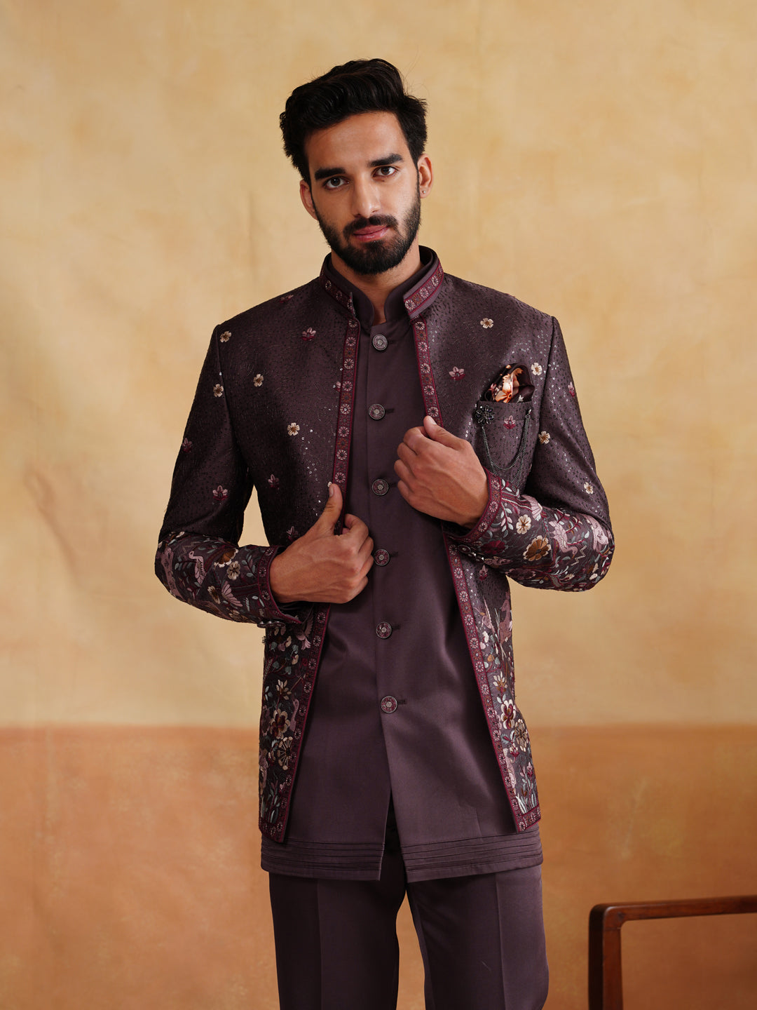 Brown Thread and Sequins Work Indowestern on Silk