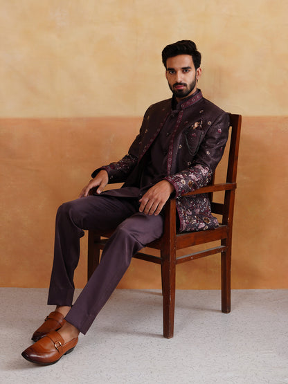 Brown Thread and Sequins Work Indowestern on Silk