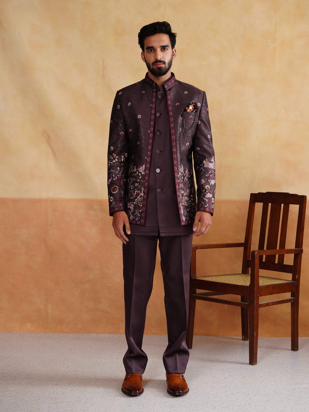 Brown Thread and Sequins Work Indowestern on Silk