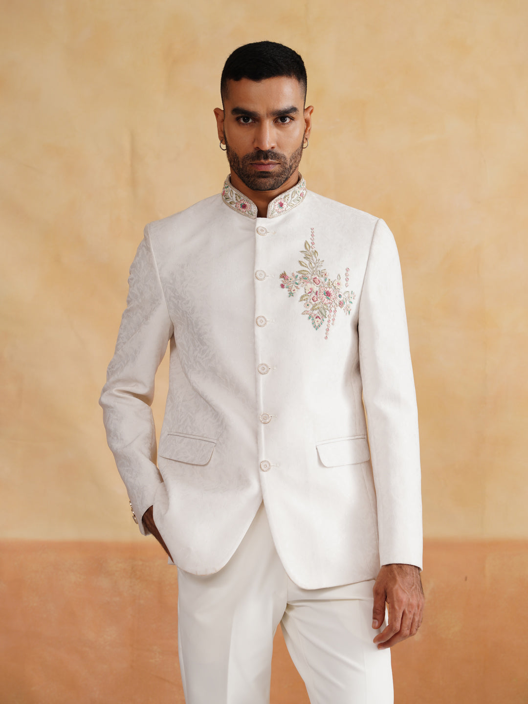 Ivory Hand Embroidered Bandhgala on Jacquard