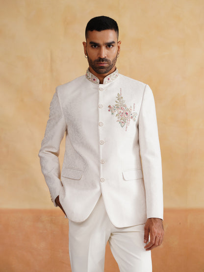 Ivory Hand Embroidered Bandhgala on Jacquard