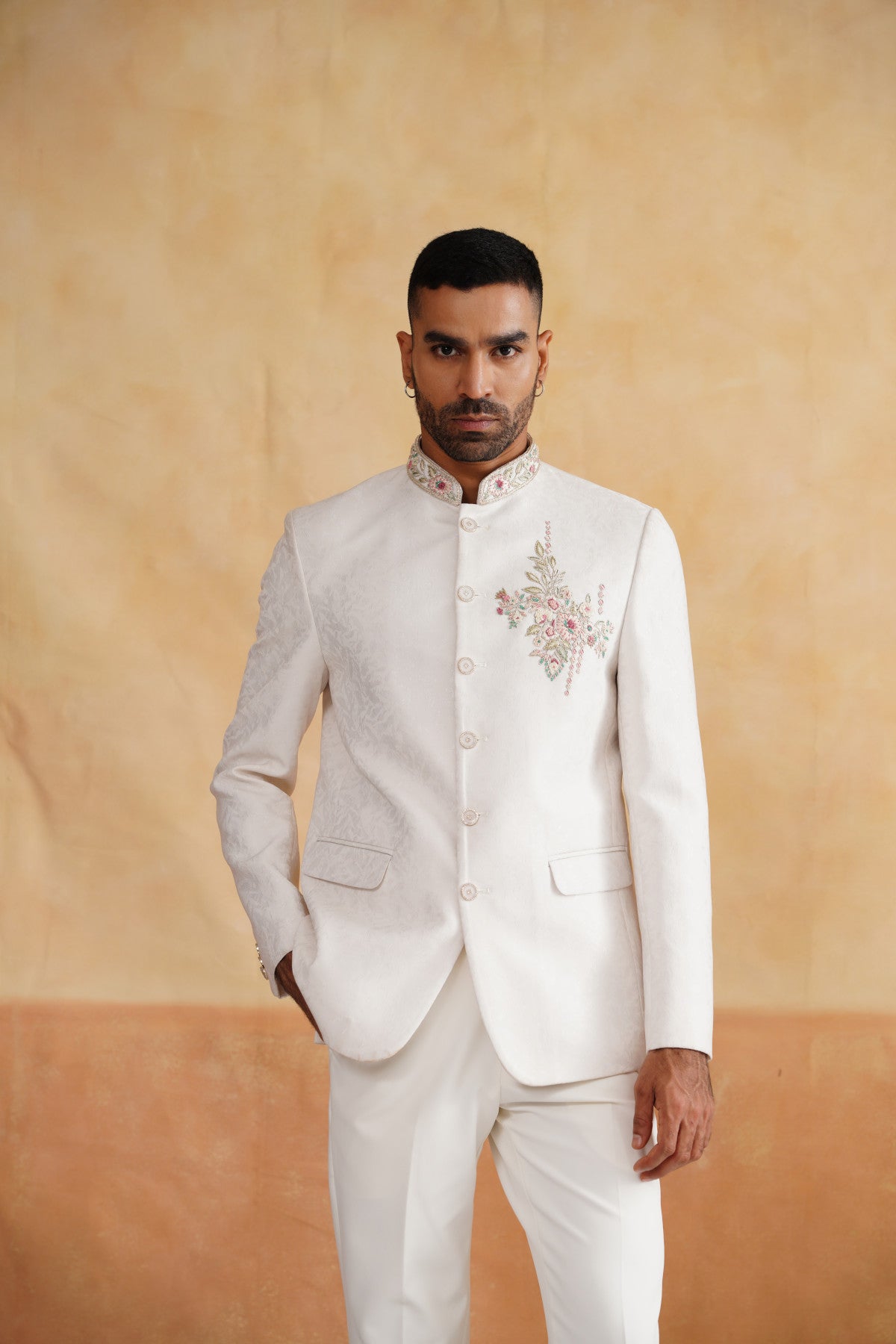 Ivory Hand Embroidered Bandhgala on Jacquard