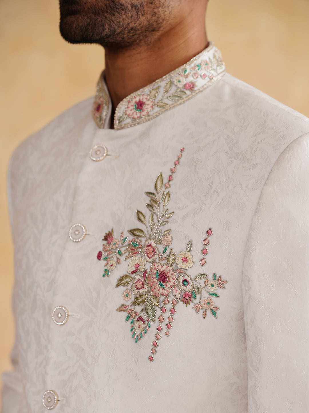 Ivory Hand Embroidered Bandhgala on Jacquard