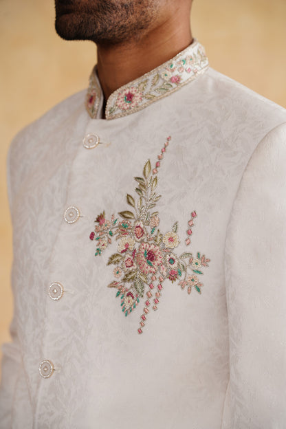 Ivory Hand Embroidered Bandhgala on Jacquard