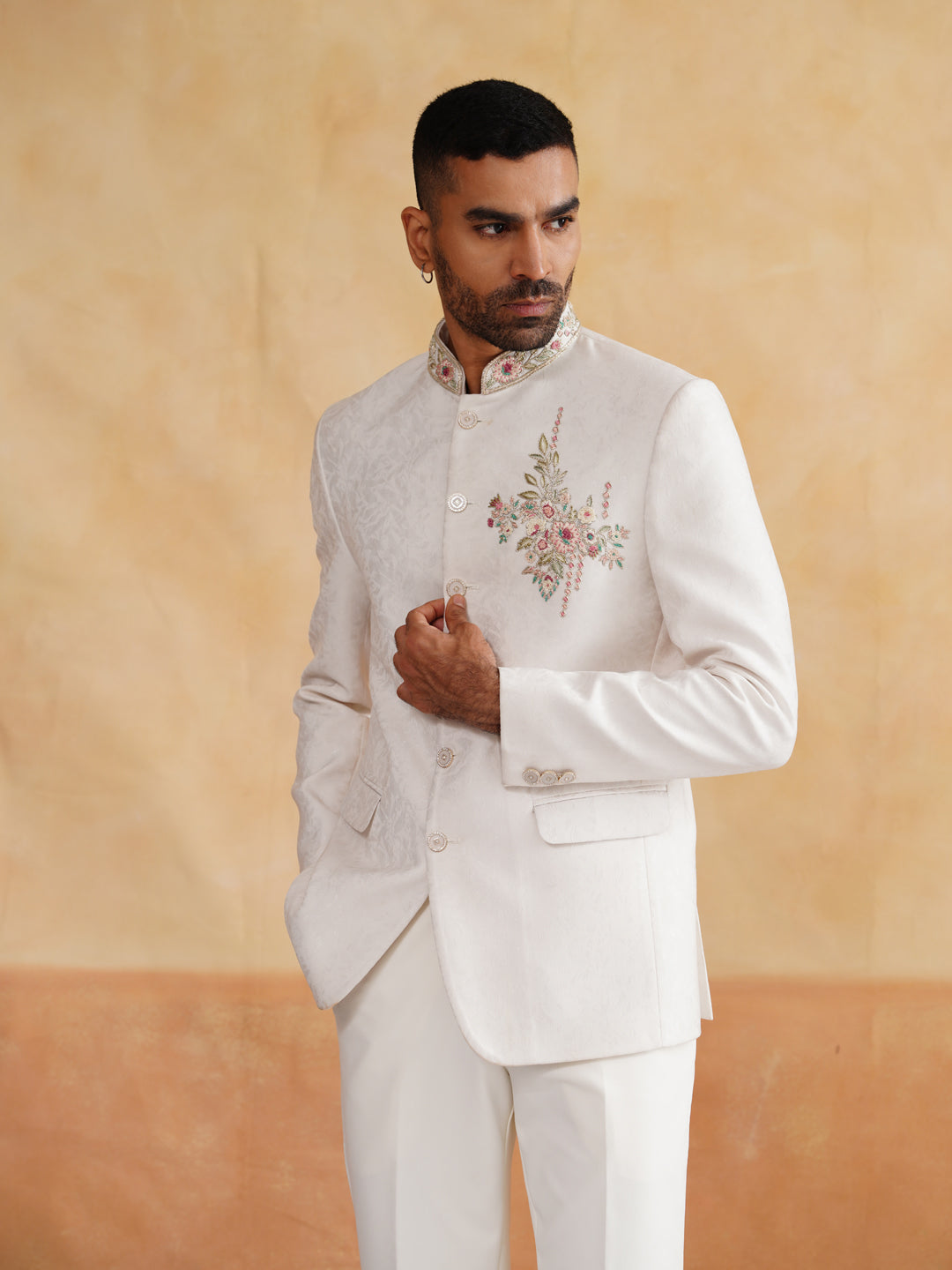 Ivory Hand Embroidered Bandhgala on Jacquard