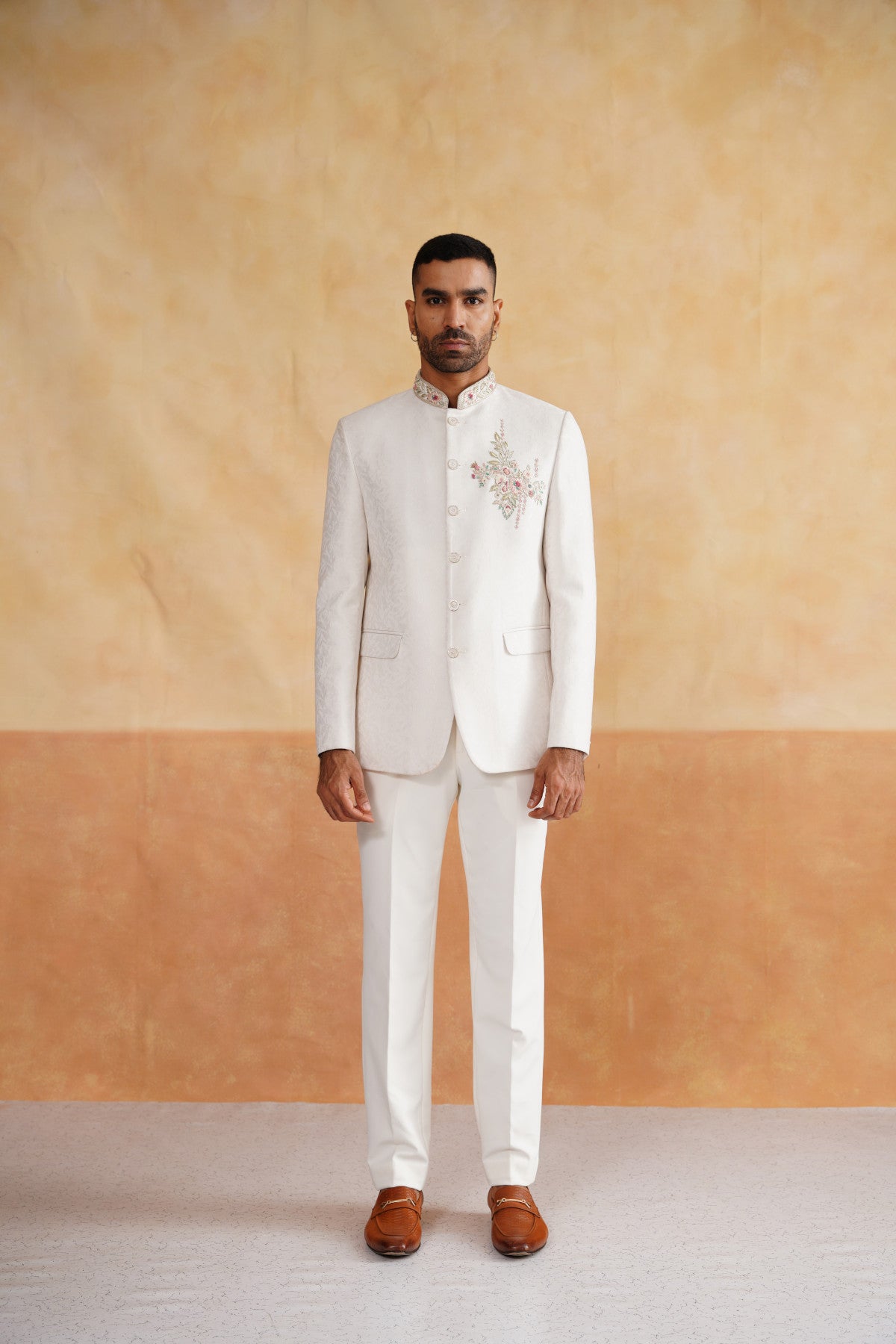 Ivory Hand Embroidered Bandhgala on Jacquard