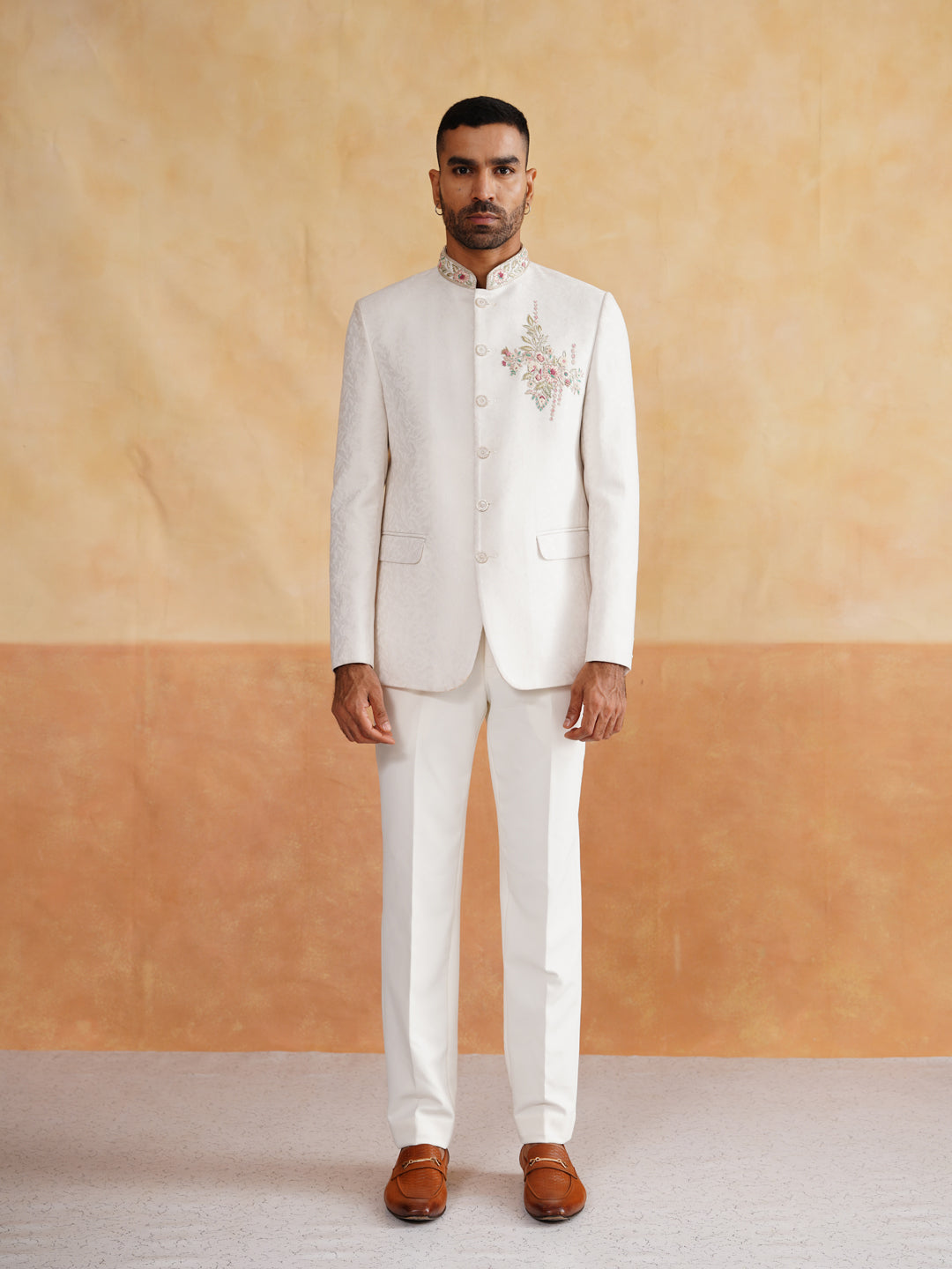 Ivory Hand Embroidered Bandhgala on Jacquard