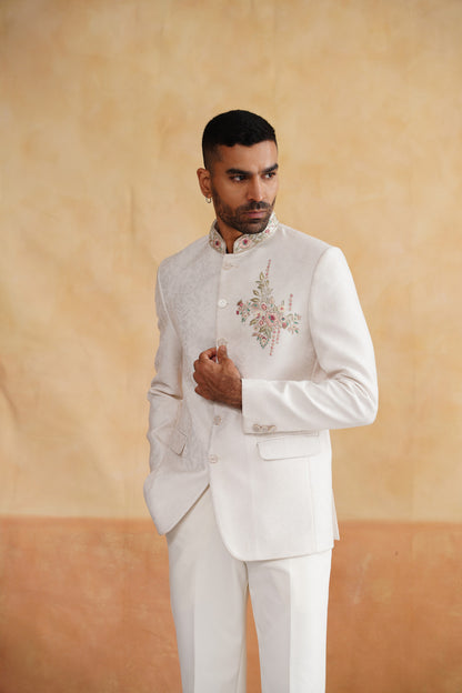 Ivory Hand Embroidered Bandhgala on Jacquard