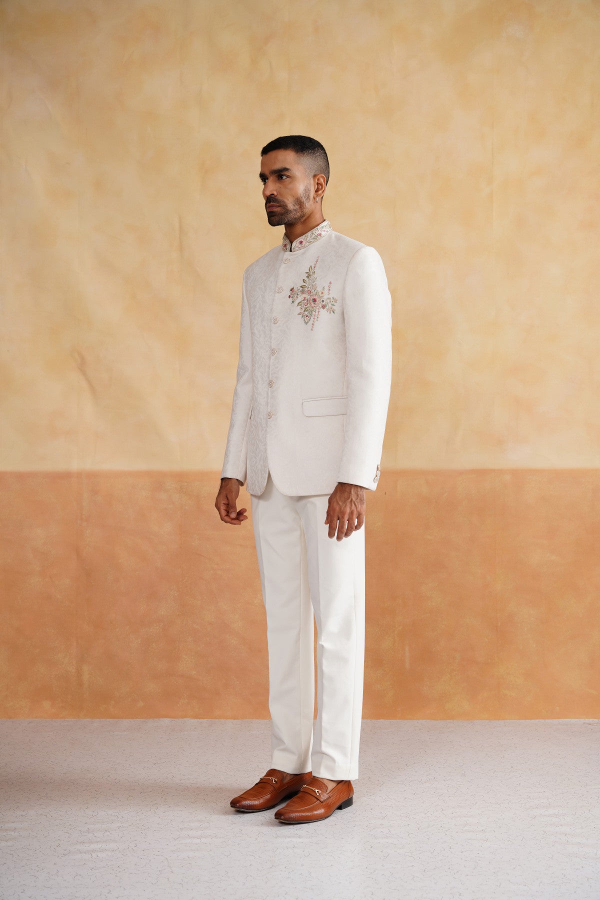 Ivory Hand Embroidered Bandhgala on Jacquard