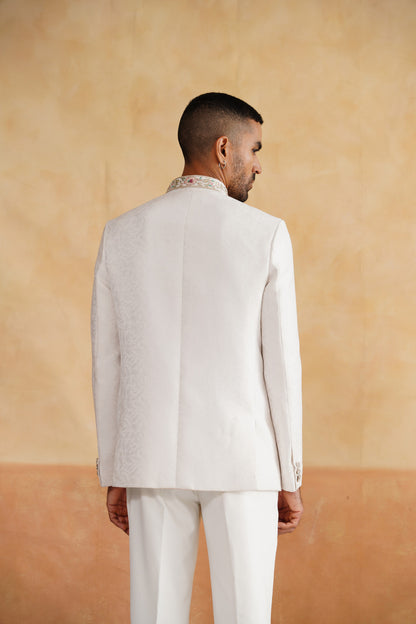 Ivory Hand Embroidered Bandhgala on Jacquard