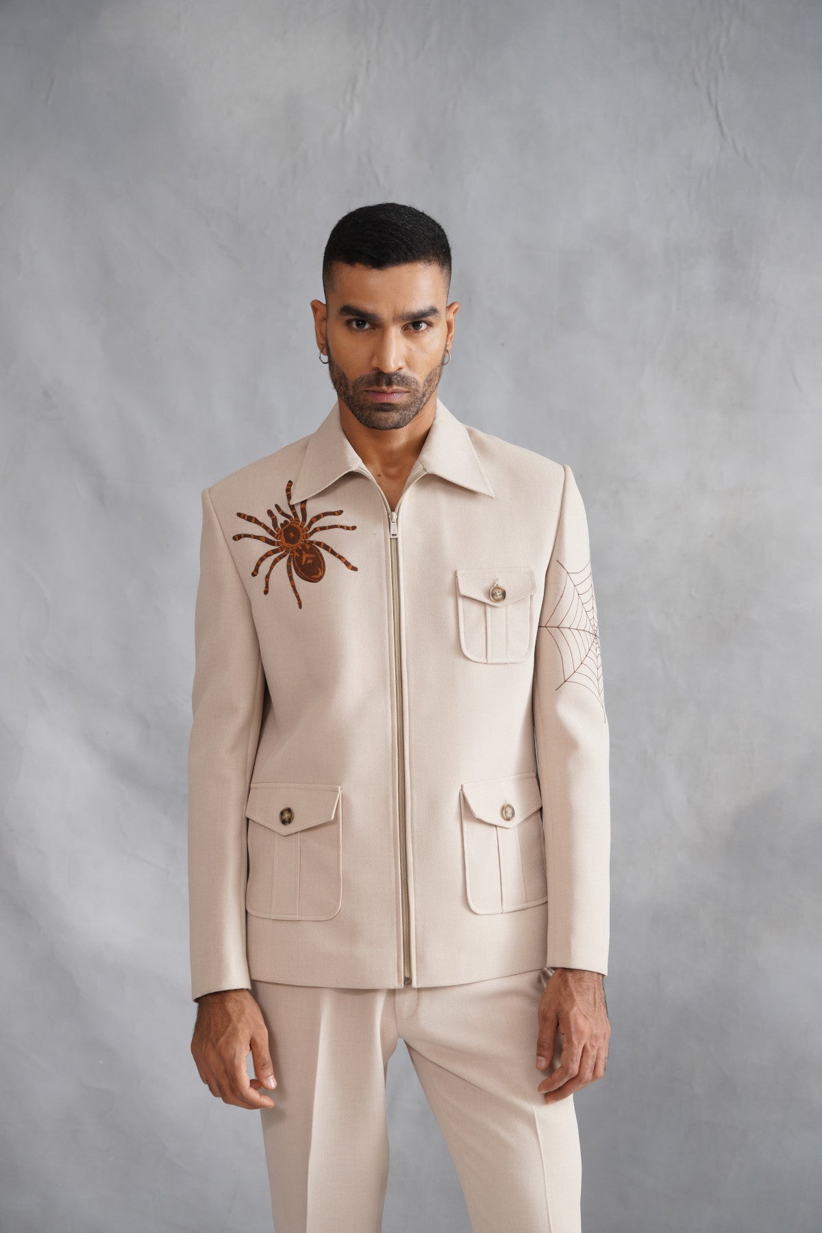 Beige Zip-Up Jacket Set with Statement Spider Motif