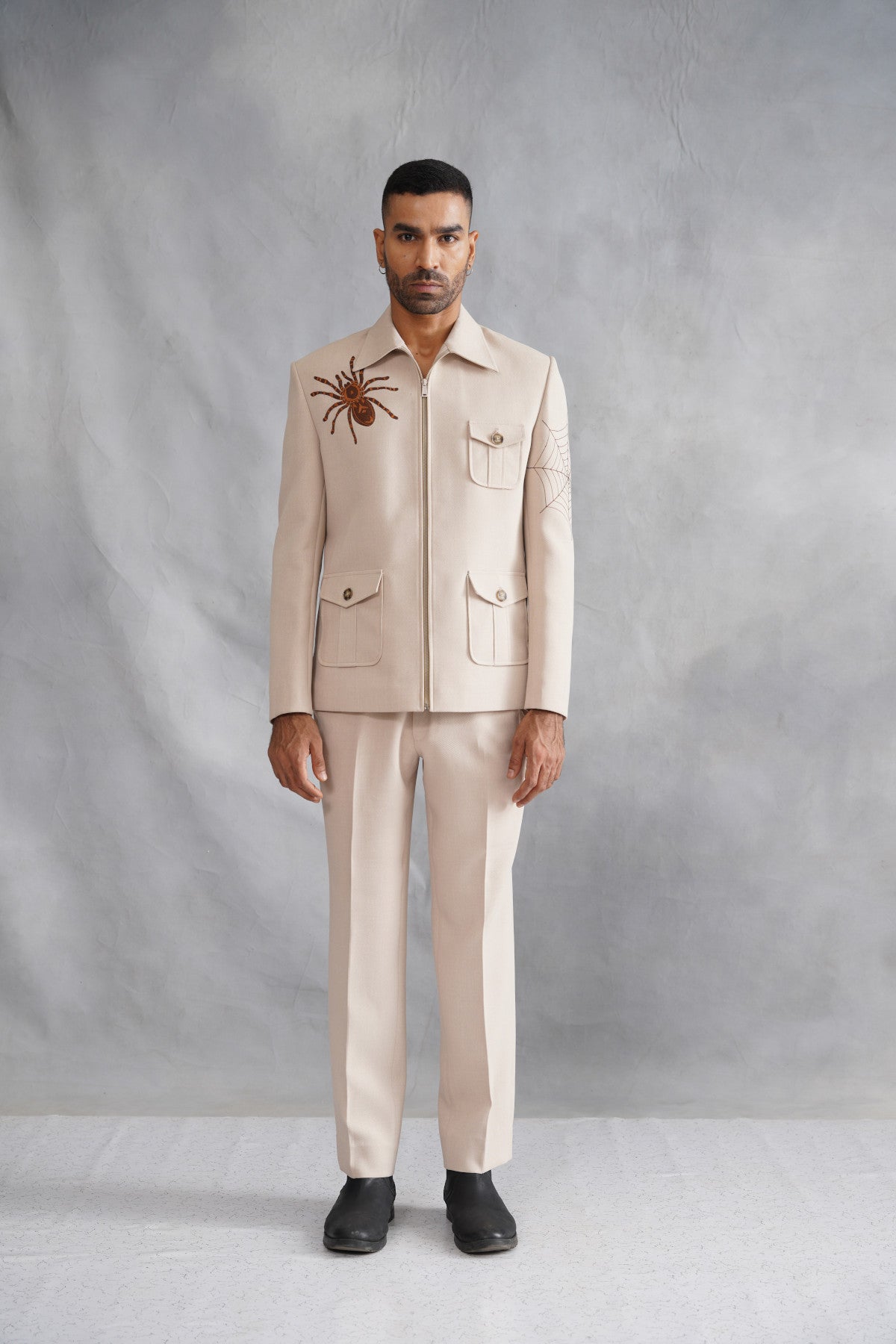 Beige Zip-Up Jacket Set with Statement Spider Motif