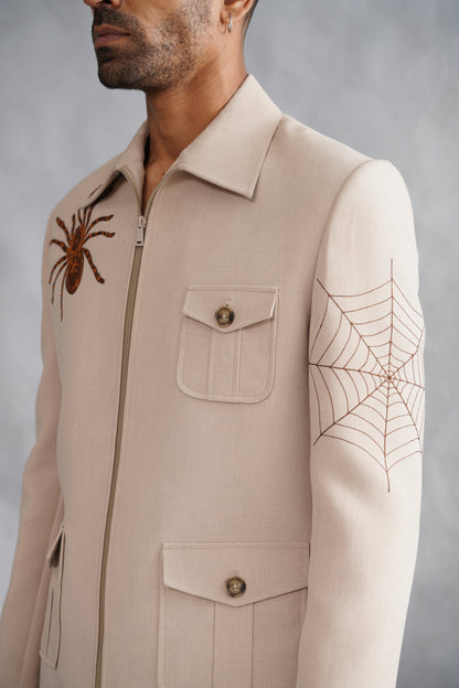 Beige Zip-Up Jacket Set with Statement Spider Motif