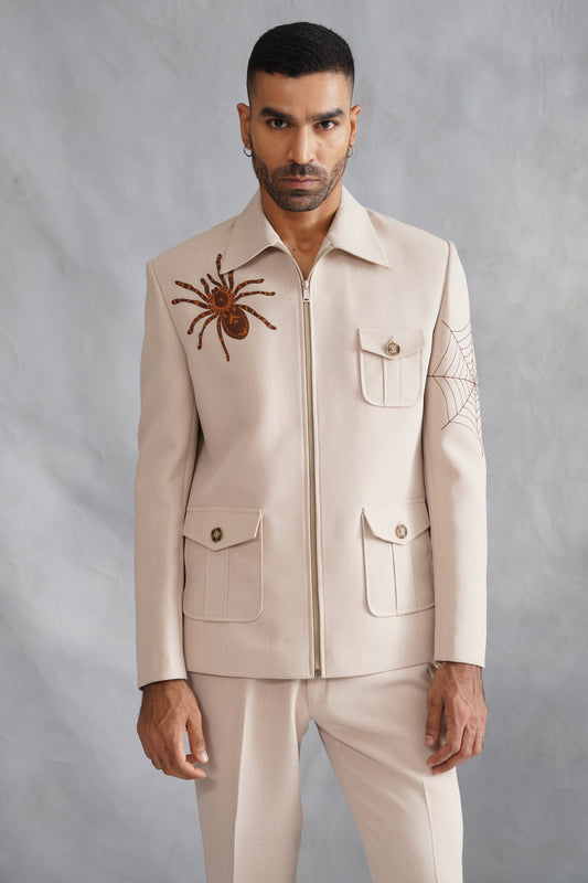 Cream Thread Embroidered Jacket Set