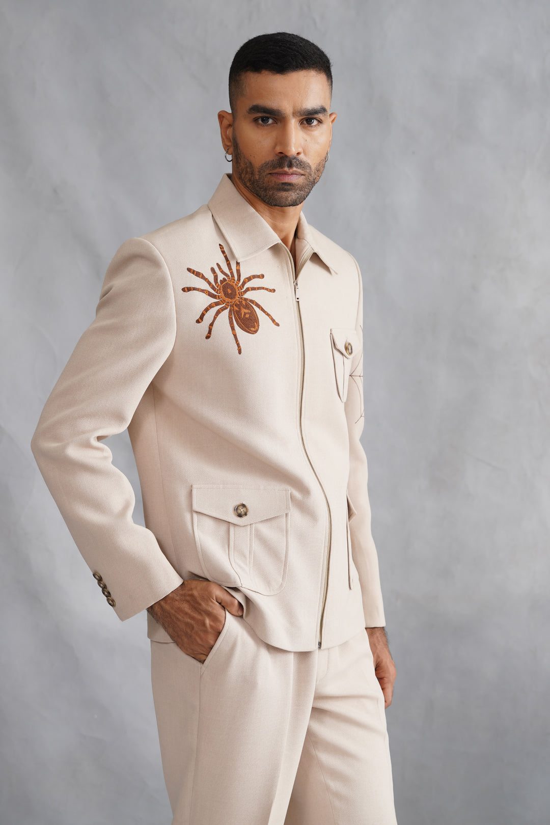 Cream Thread Embroidered Jacket Set