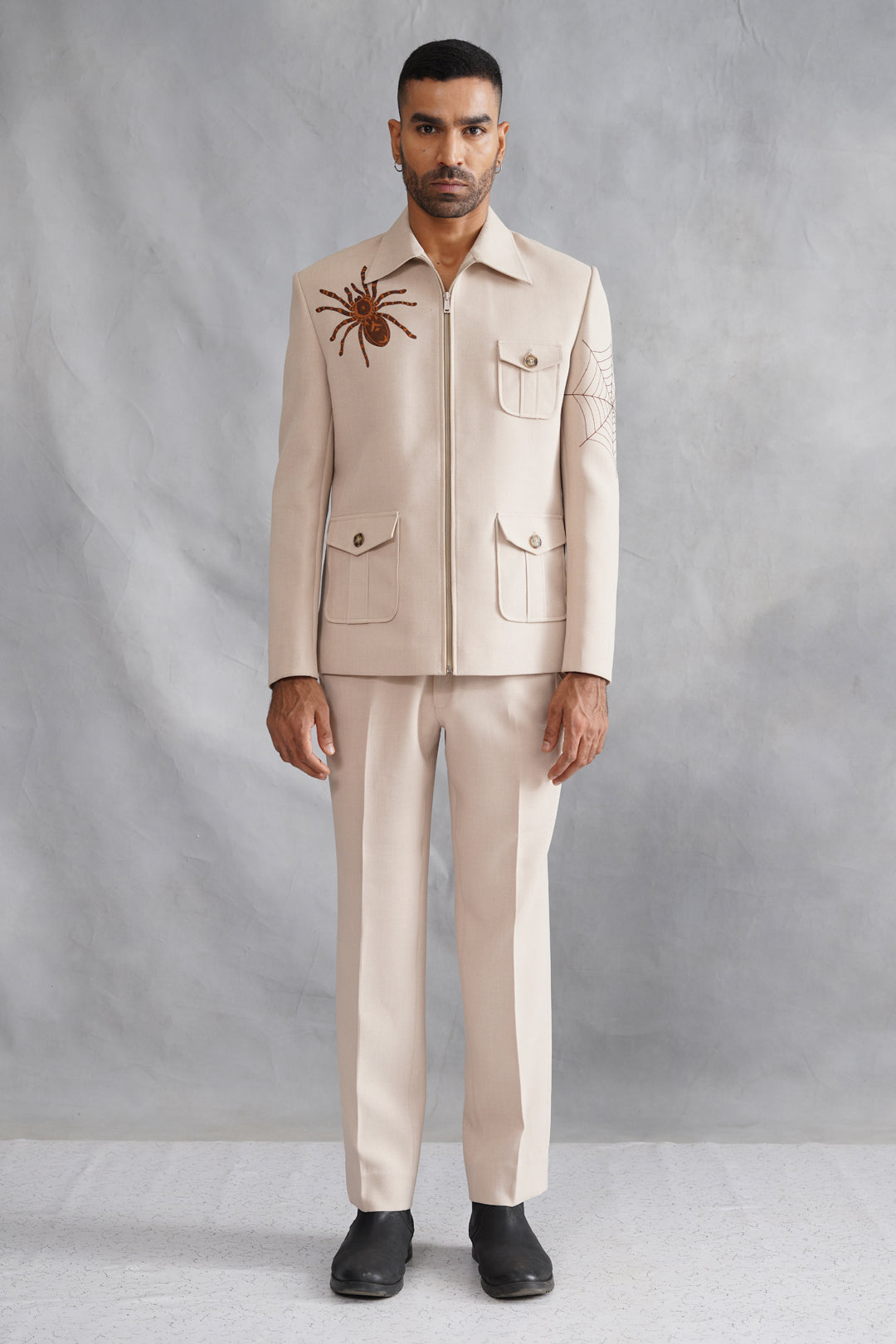 Cream Thread Embroidered Jacket Set