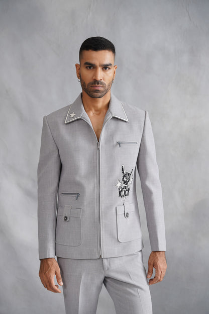 Grey Zip-Up Jacket with Rock 'N' Roll Motif