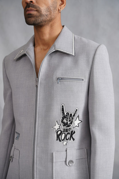 Grey Zip-Up Jacket with Rock 'N' Roll Motif