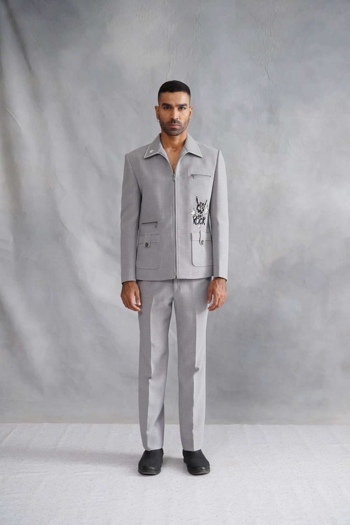 Grey Zip-Up Jacket with Rock 'N' Roll Motif