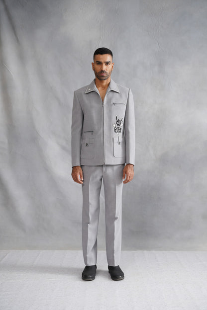 Grey Zip-Up Jacket with Rock 'N' Roll Motif