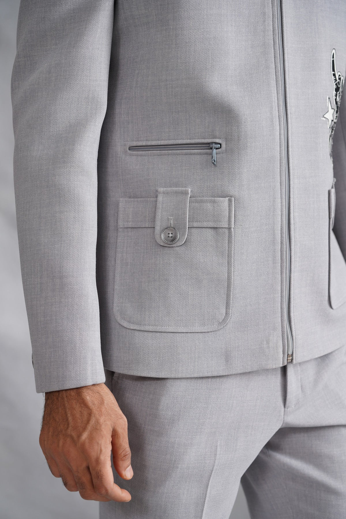 Grey Zip-Up Jacket with Rock 'N' Roll Motif