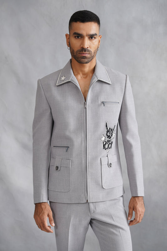 Grey Thread Embroidered Jacket Set