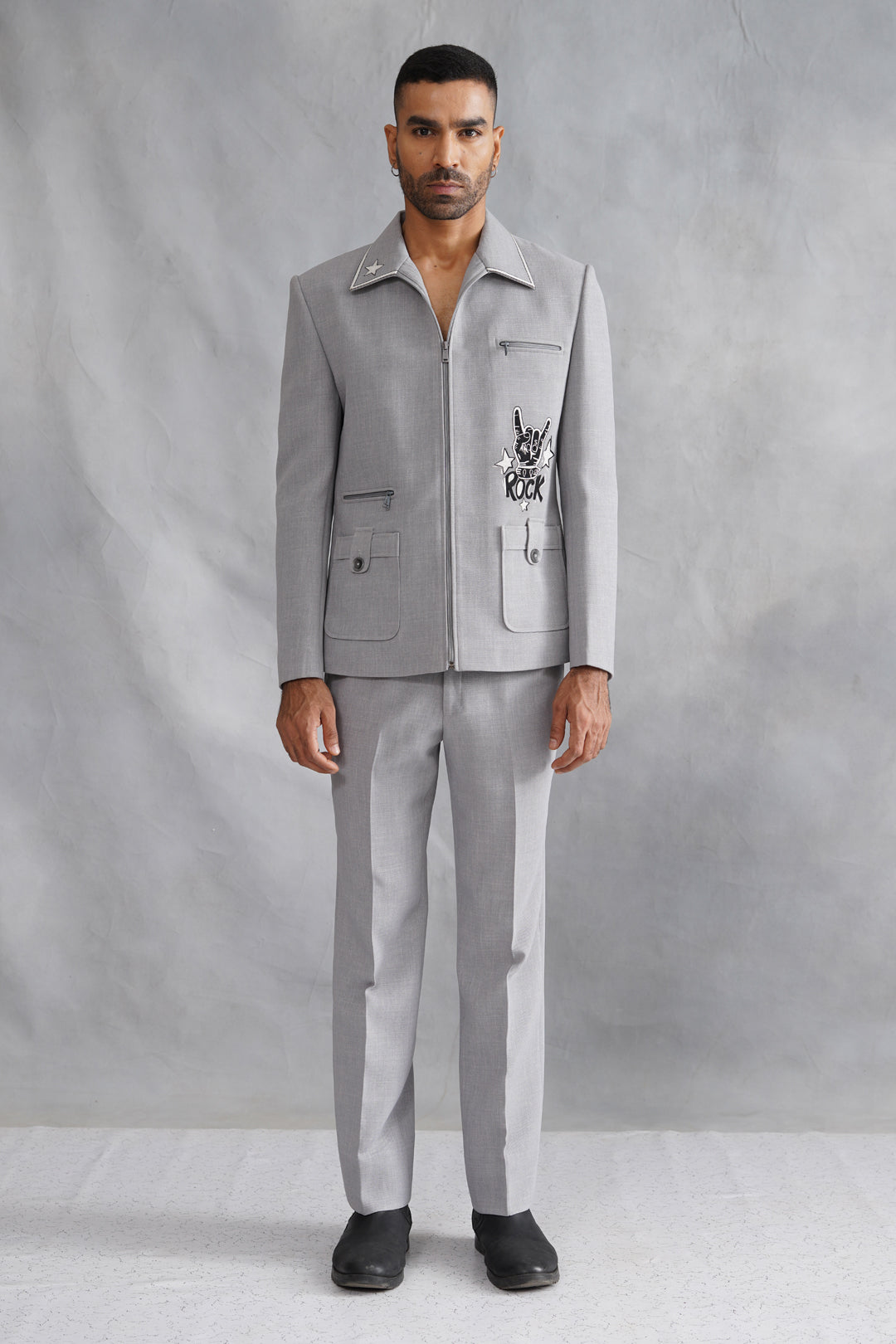 Grey Thread Embroidered Jacket Set