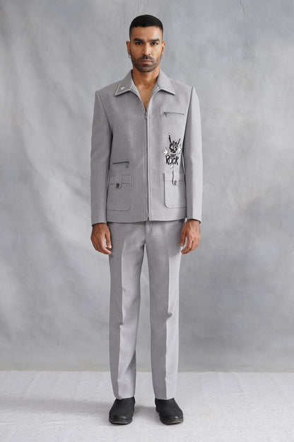 Grey Thread Embroidered Jacket Set