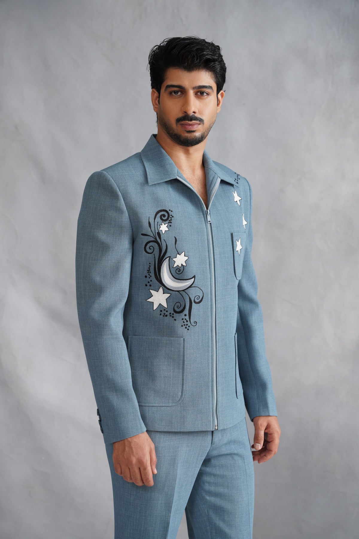 Blue Zip-Up Jacket with Moon & Star Embroidery