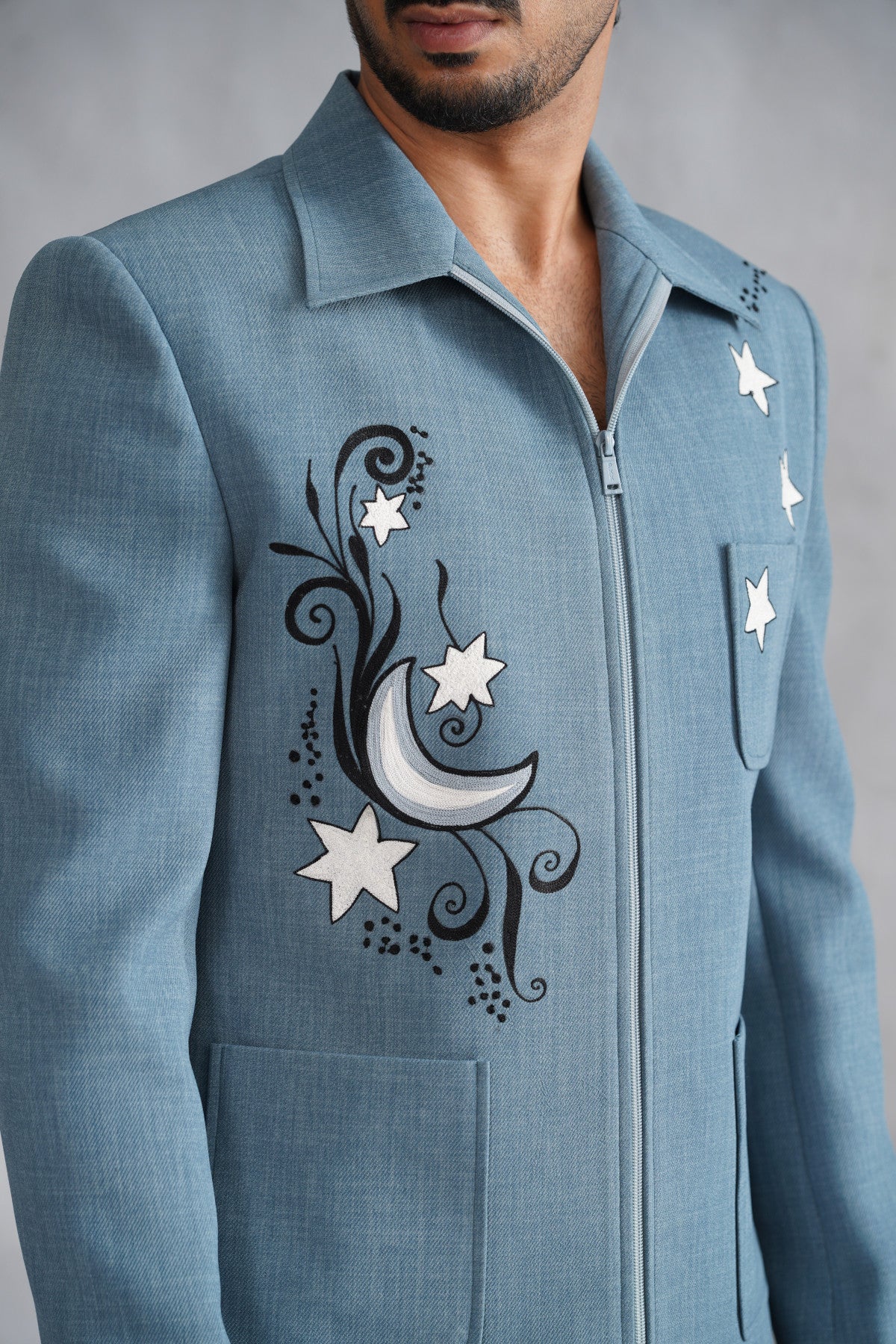 Blue Zip-Up Jacket with Moon & Star Embroidery