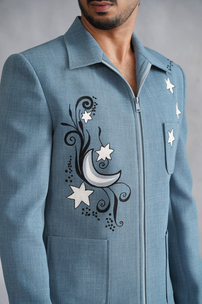 Blue Zip-Up Jacket with Moon & Star Embroidery