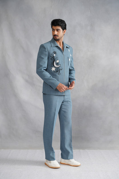 Blue Zip-Up Jacket with Moon & Star Embroidery