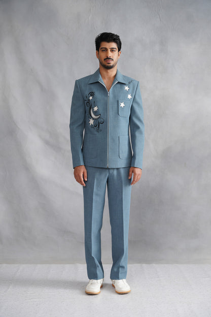 Blue Zip-Up Jacket with Moon & Star Embroidery