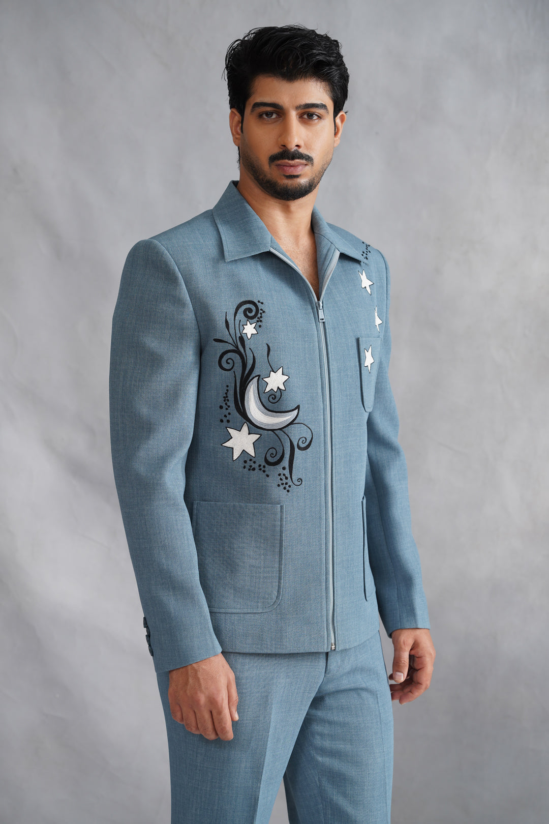 Blue Thread Embroidered Jacket Set