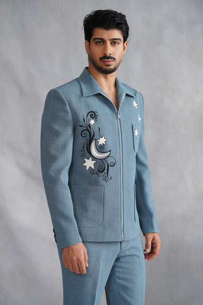 Blue Thread Embroidered Jacket Set