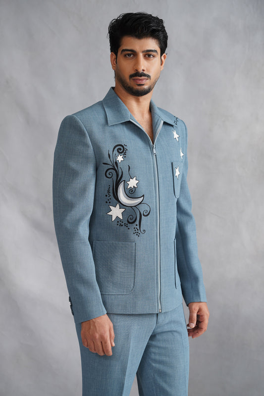 Blue Thread Embroidered Jacket Set
