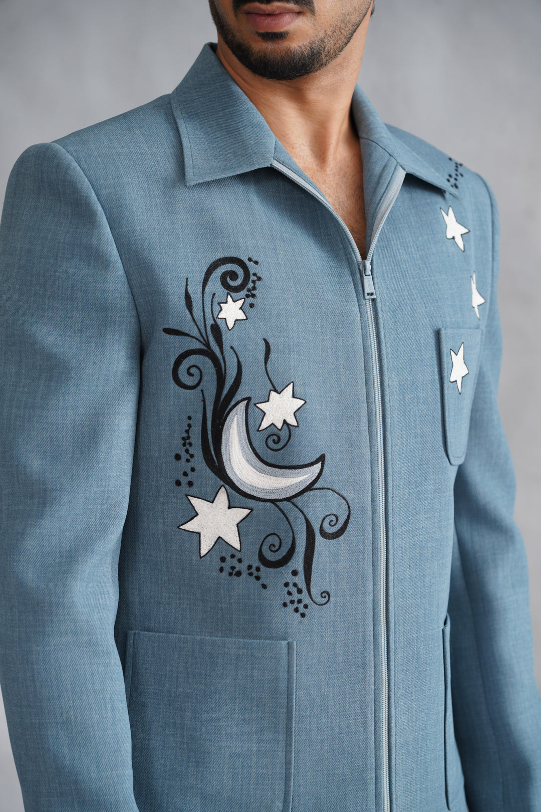 Blue Thread Embroidered Jacket Set