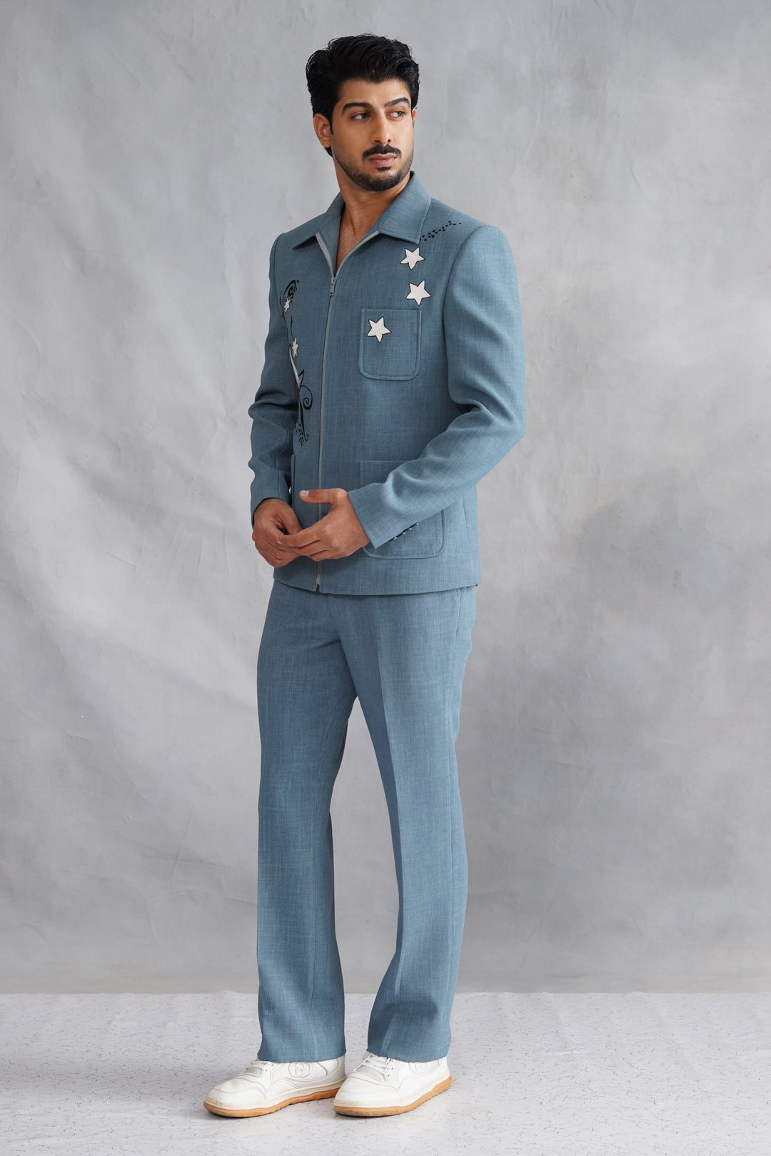 Blue Thread Embroidered Jacket Set