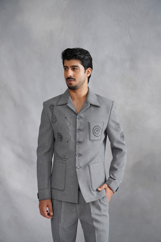 Grey Thread Embroidered Jacket Set